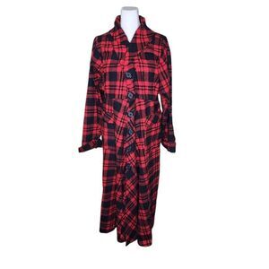 Buffalo Plaid Fleece Maxi Coat Womens Size XL Red Black Retro